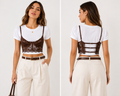 Top corset café con camiseta blanca