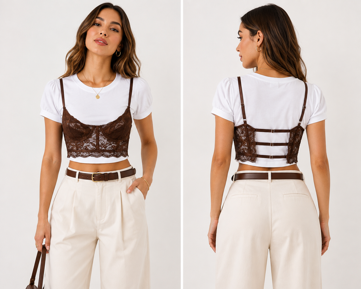 Top corset café con camiseta blanca